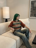 DAXUEN rusty red striped script oversized T-shirt — model photo