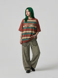 DAXUEN rusty red striped script oversized T-shirt — model photo