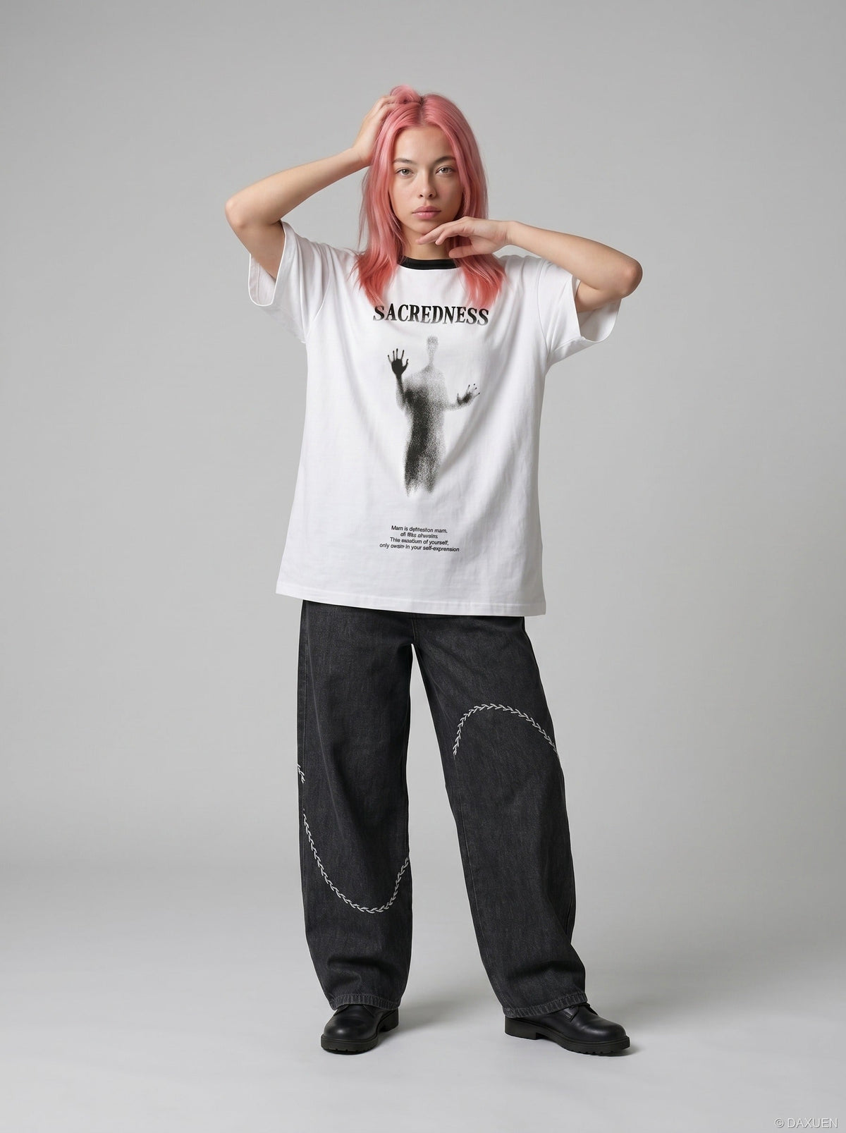 DAXUEN Sacredness oversized crew neck t-shirt — model photo