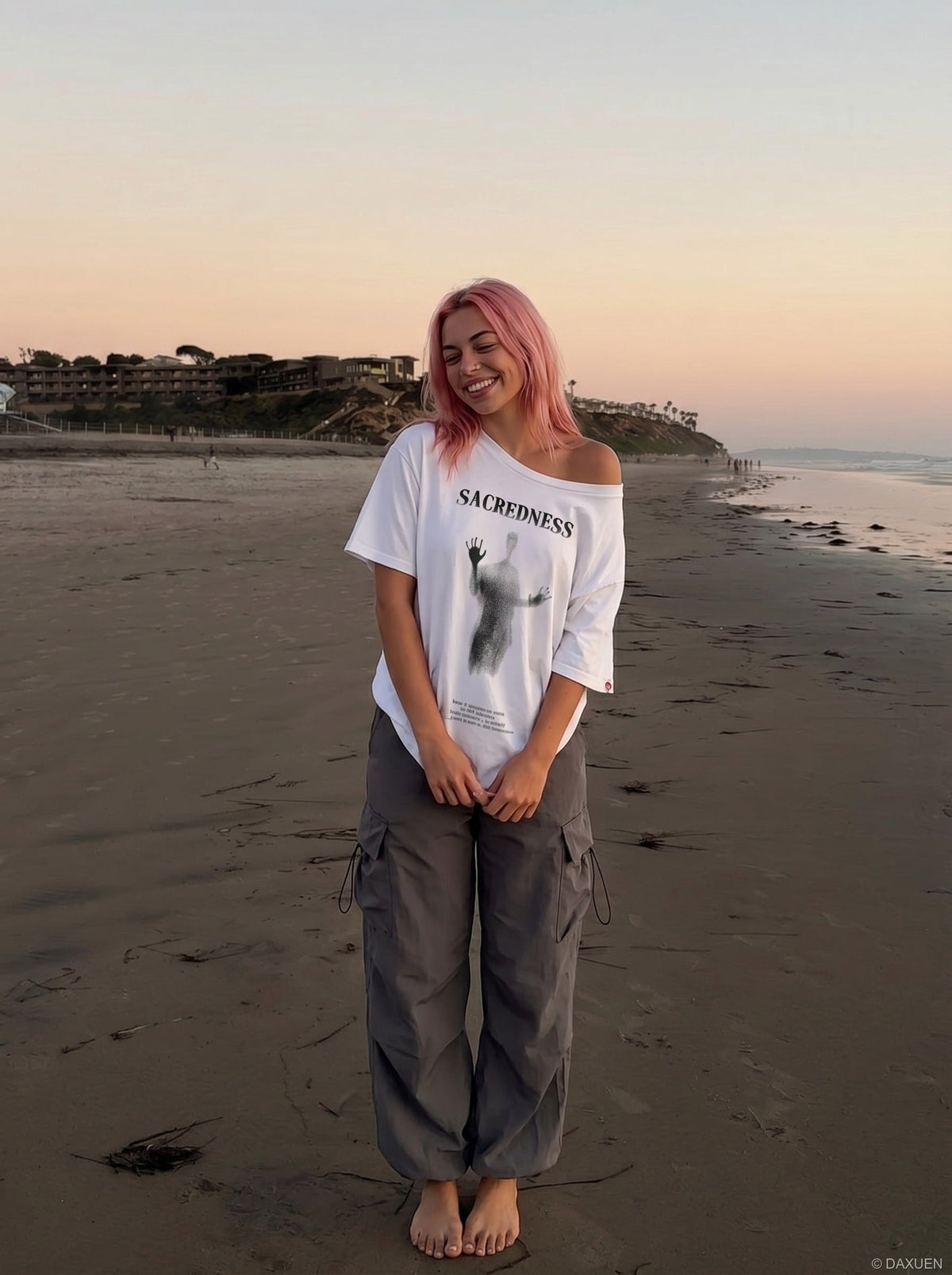 DAXUEN Sacredness oversized crew neck t-shirt — model photo