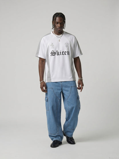 DAXUEN White oversized sports jersey T-shirt with mesh panels — model photo