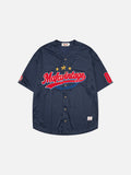 DAXUEN Script embroidered baseball jersey shirt — model photo