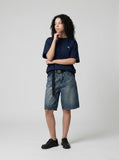 DAXUEN dark blue oversized scripted back graphic t-shirt — model photo