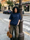 DAXUEN dark blue oversized scripted back graphic t-shirt — model photo
