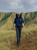 DAXUEN dark blue oversized scripted back graphic t-shirt — model photo