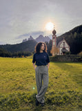 DAXUEN dark blue oversized scripted back graphic t-shirt — model photo