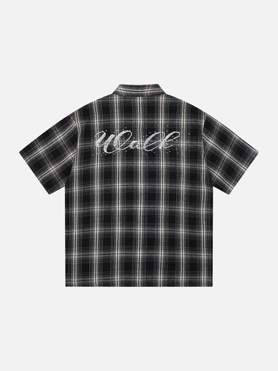 DAXUEN Short-sleeve plaid shirt with sequin embroidery