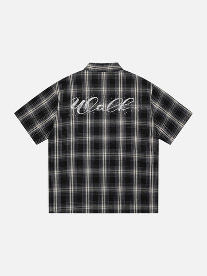 DAXUEN Short-sleeve plaid shirt with sequin embroidery