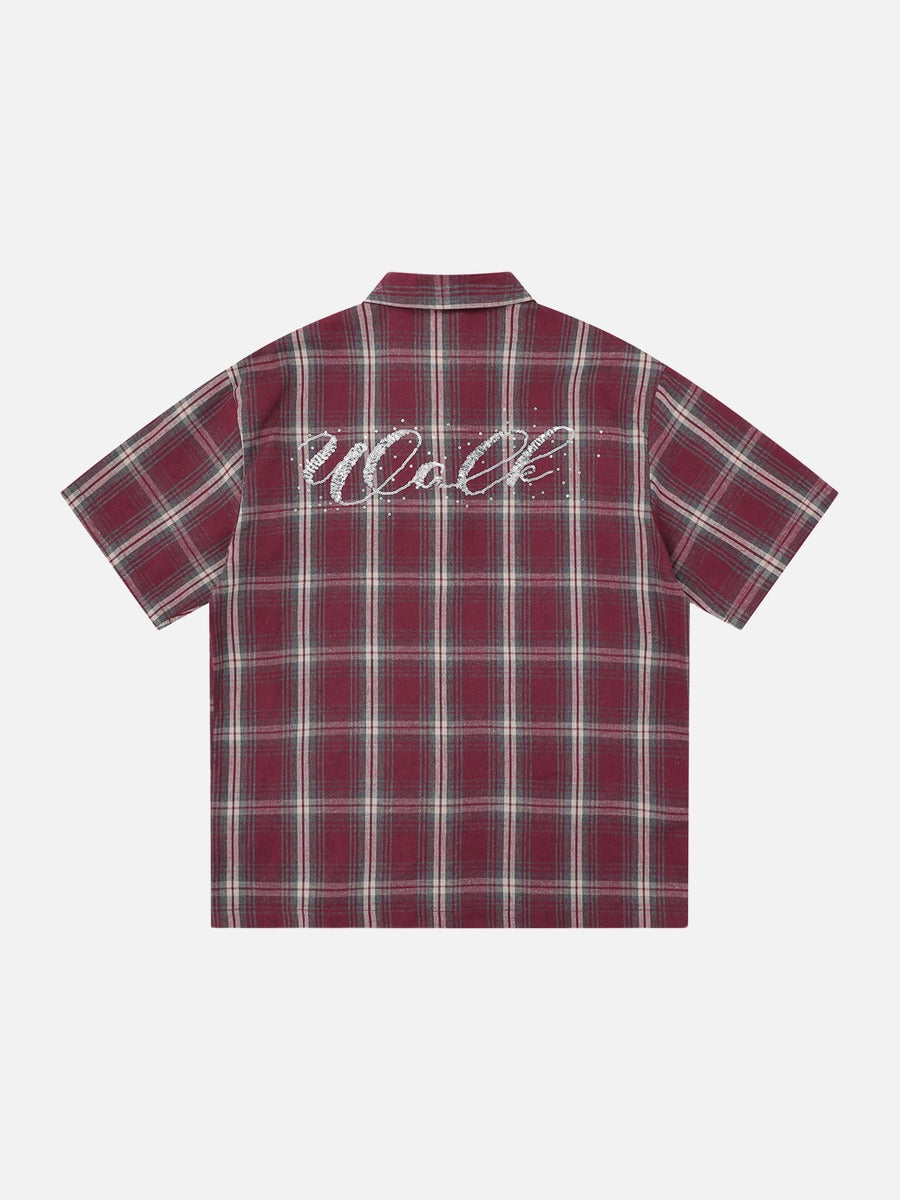 DAXUEN Short-sleeve plaid shirt with sequin embroidery