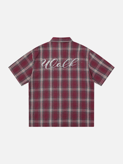 DAXUEN Short-sleeve plaid shirt with sequin embroidery