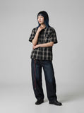 DAXUEN Short-sleeve plaid shirt with sequin embroidery — model photo