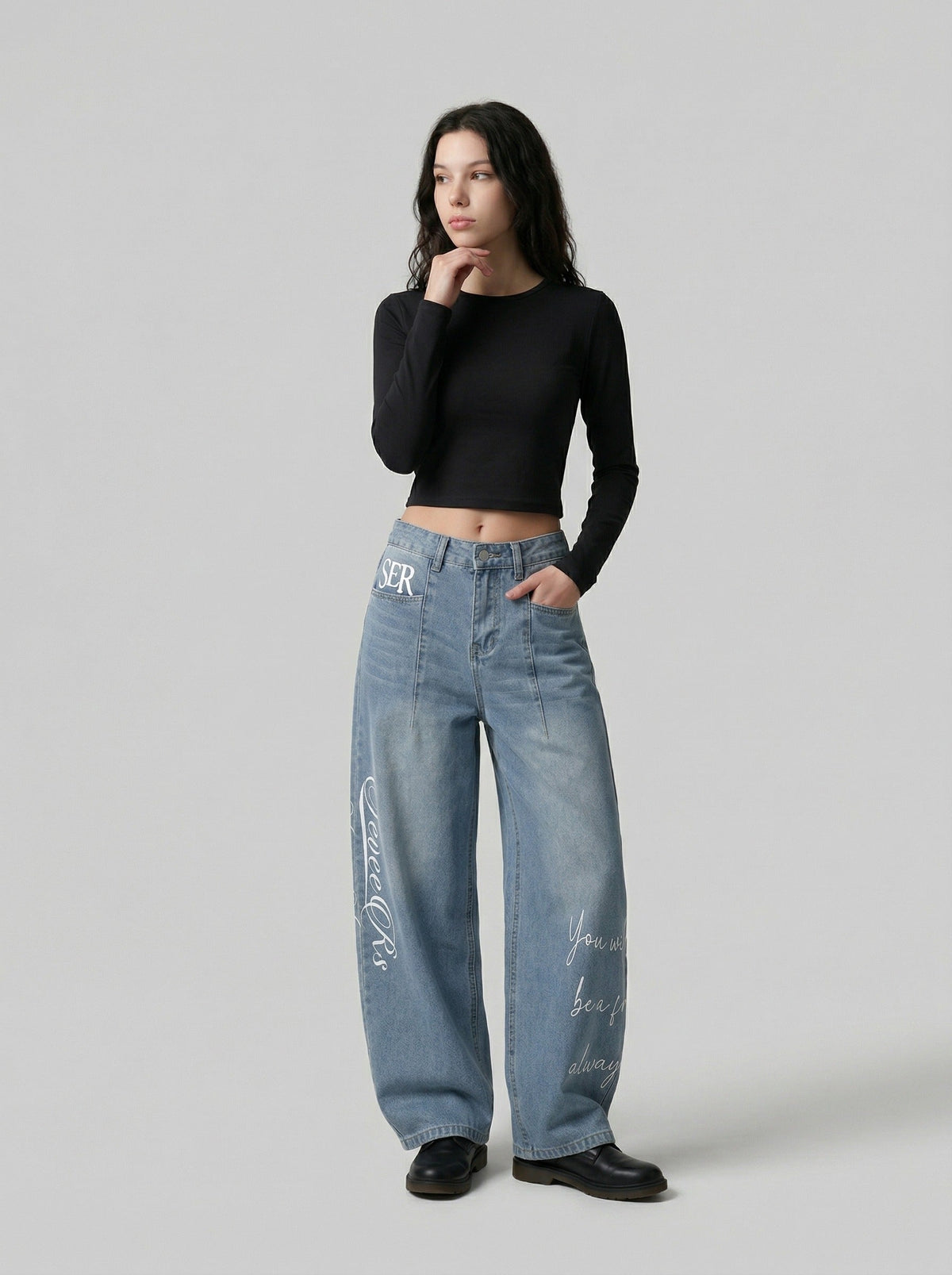 DAXUEN Light blue denim wide-leg jeans with graphic prints — model photo