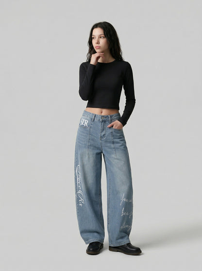DAXUEN Light blue denim wide-leg jeans with graphic prints — model photo
