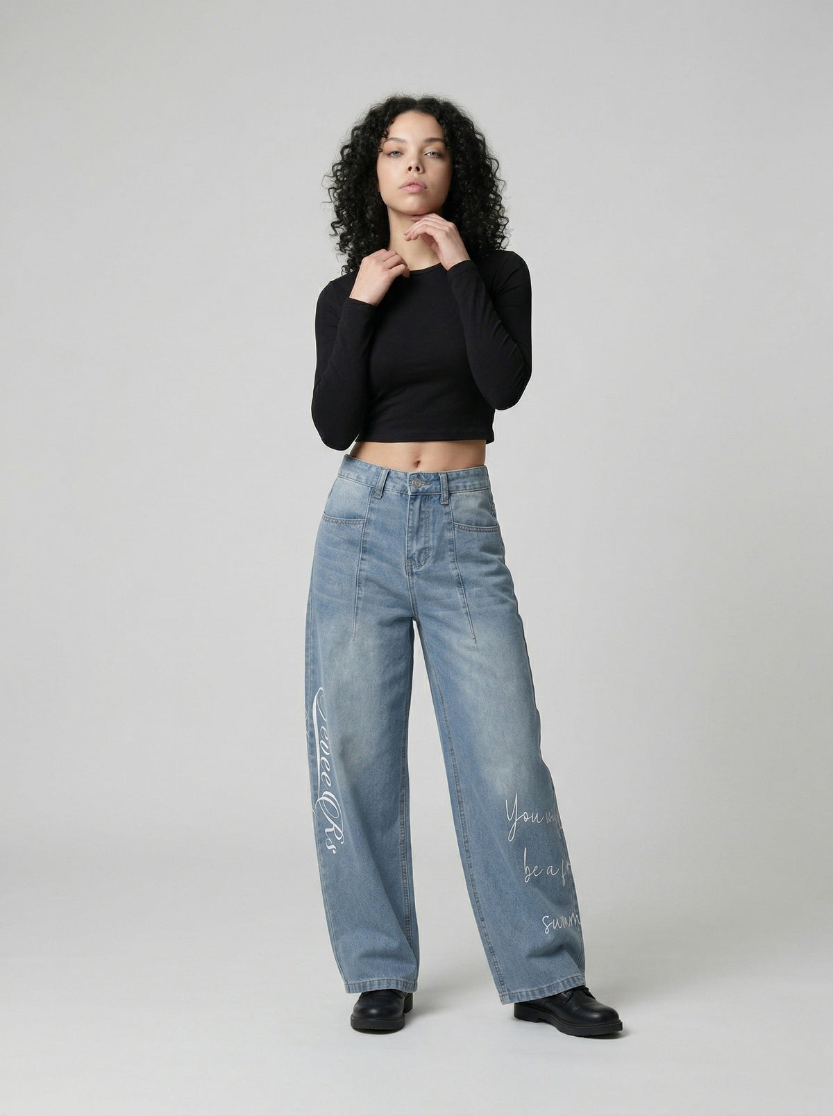 DAXUEN Light blue denim wide-leg jeans with graphic prints — model photo