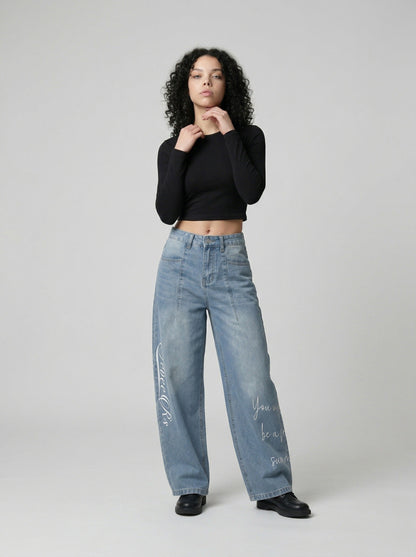 DAXUEN Light blue denim wide-leg jeans with graphic prints — model photo