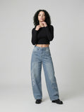 DAXUEN Light blue denim wide-leg jeans with graphic prints — model photo