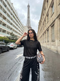 DAXUEN black sheer knit crew neck t-shirt — model photo