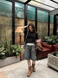 DAXUEN black sheer knit crew neck t-shirt — model photo