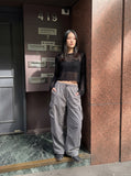 Sheer Knit Black Cropped Long-Sleeve Top