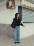 Sheer Knit Black Cropped Long-Sleeve Top