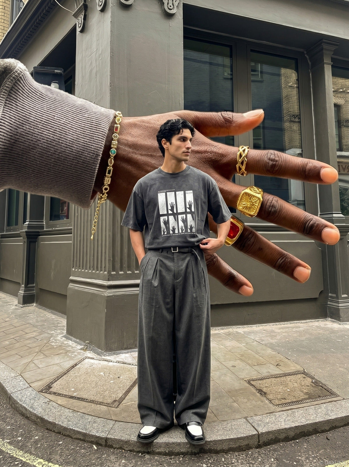 DAXUEN dark charcoal oversized silhouetted-hands graphic tee — model photo