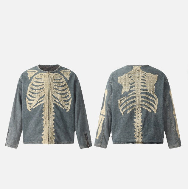 DAXUEN Crew neck denim jacket with skeletal design