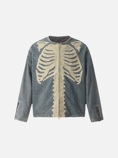 DAXUEN Crew neck denim jacket with skeletal design