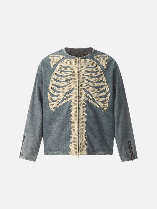 DAXUEN Crew neck denim jacket with skeletal design