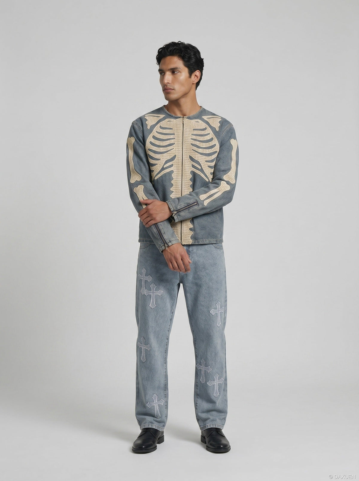 DAXUEN Crew neck denim jacket with skeletal design — model photo