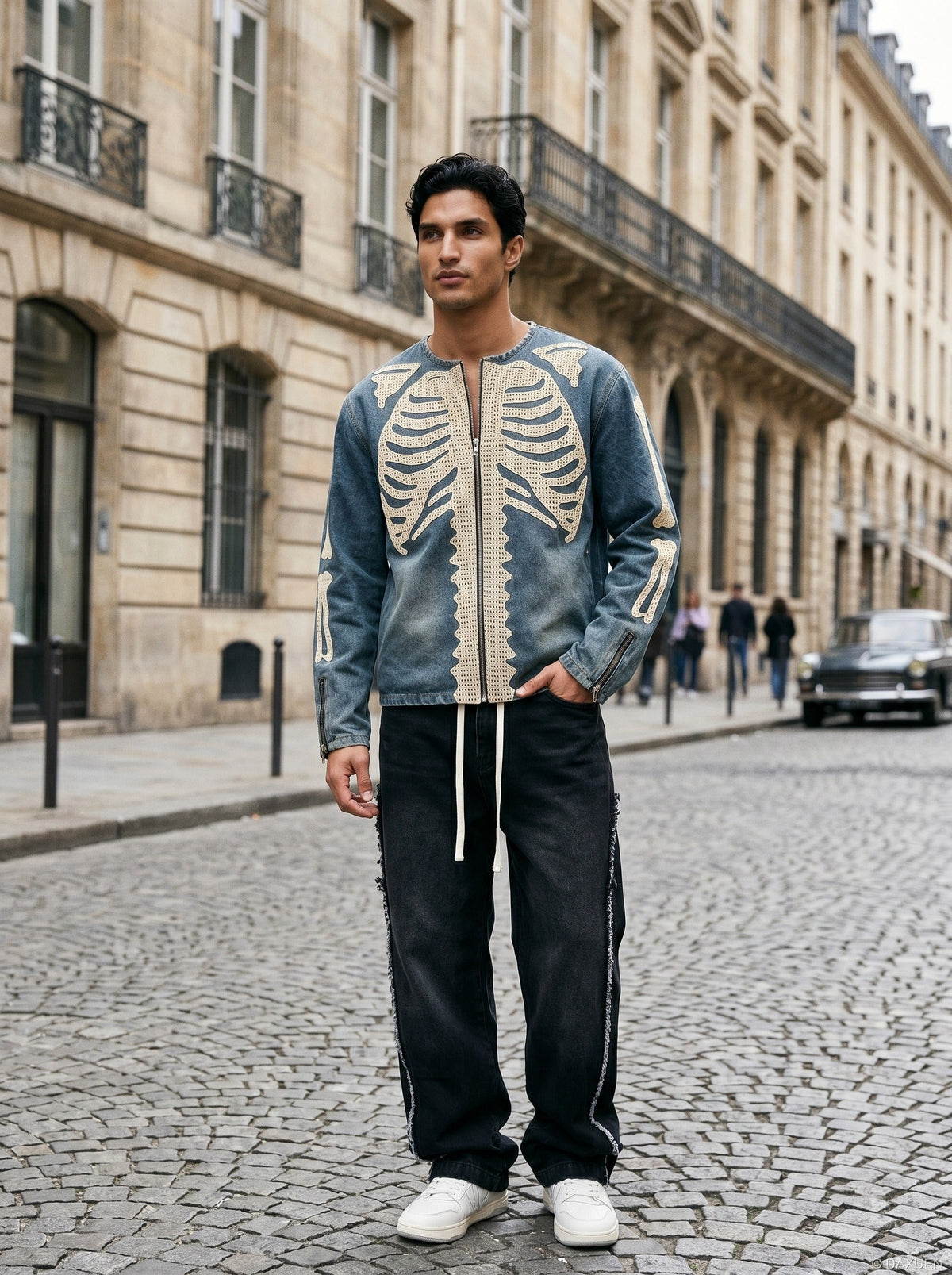 DAXUEN Crew neck denim jacket with skeletal design — model photo