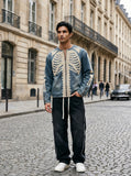 DAXUEN Crew neck denim jacket with skeletal design — model photo