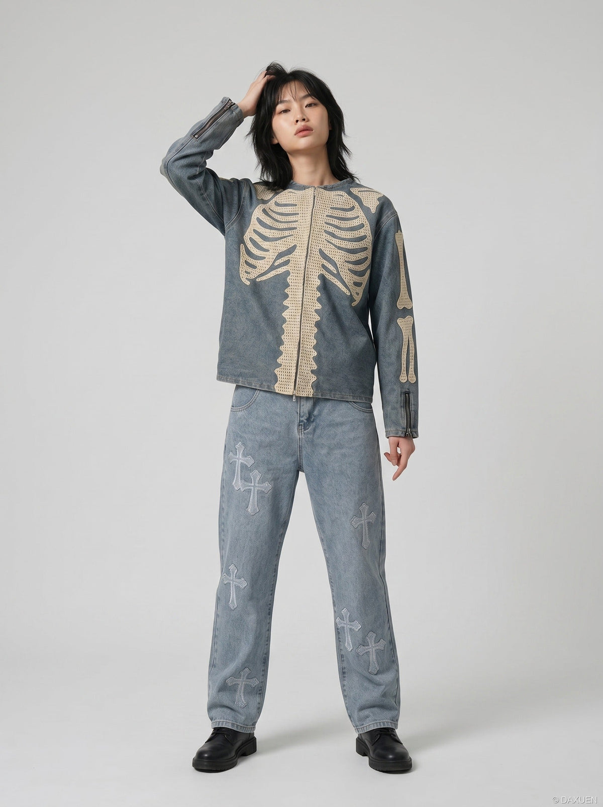 DAXUEN Crew neck denim jacket with skeletal design — model photo