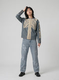 DAXUEN Crew neck denim jacket with skeletal design — model photo