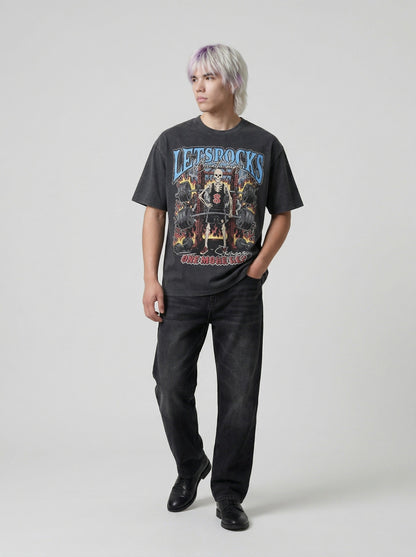 DAXUEN Skeletal graphic crewneck t-shirt with vintage finish — model photo