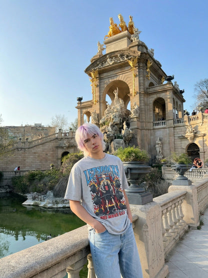 DAXUEN Skeletal graphic crewneck t-shirt with vintage finish — model photo