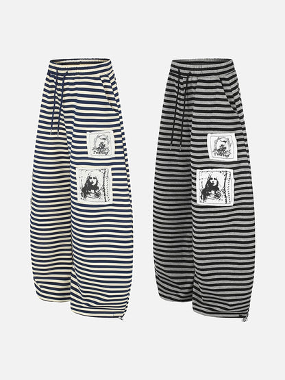 DAXUEN striped wide-leg pants with skull and structure patches
