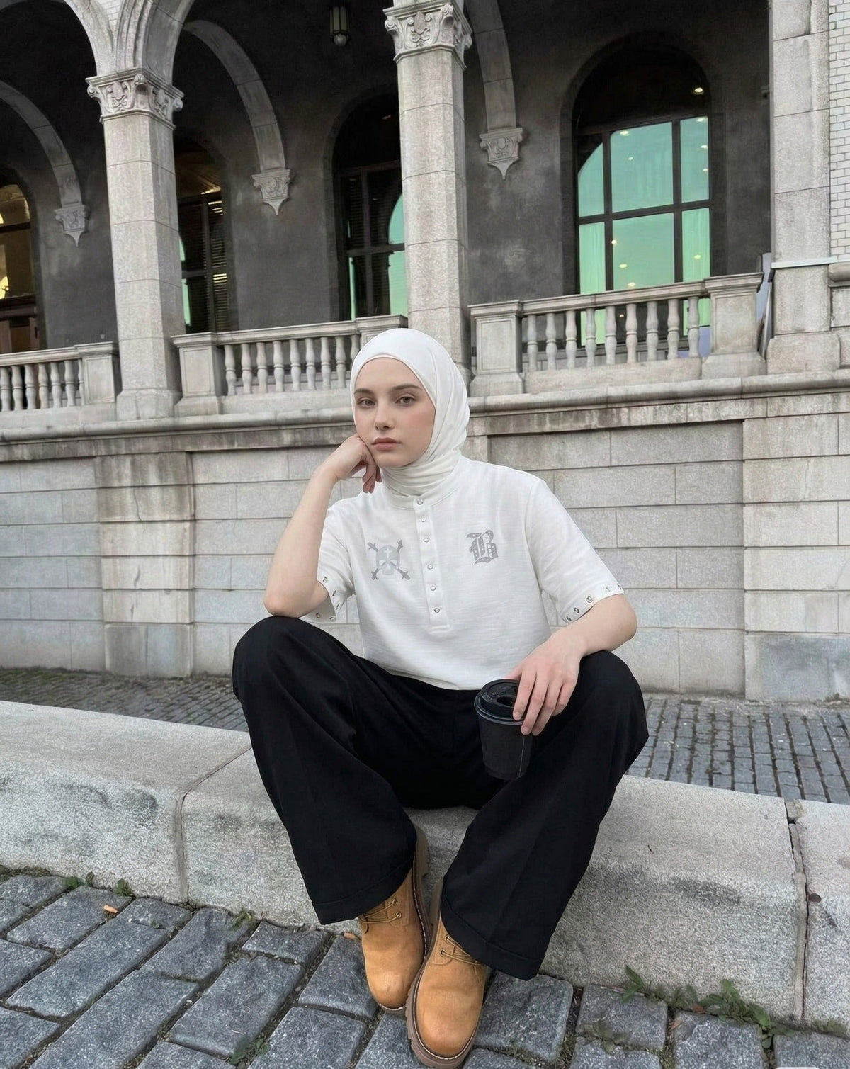 DAXUEN Short-sleeved henley shirt with skull graphic — model photo