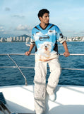 DAXUEN Sky blue short-sleeved graphic t-shirt featuring a dog — model photo