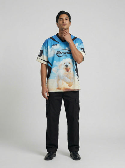 DAXUEN Sky blue short-sleeved graphic t-shirt featuring a dog — model photo