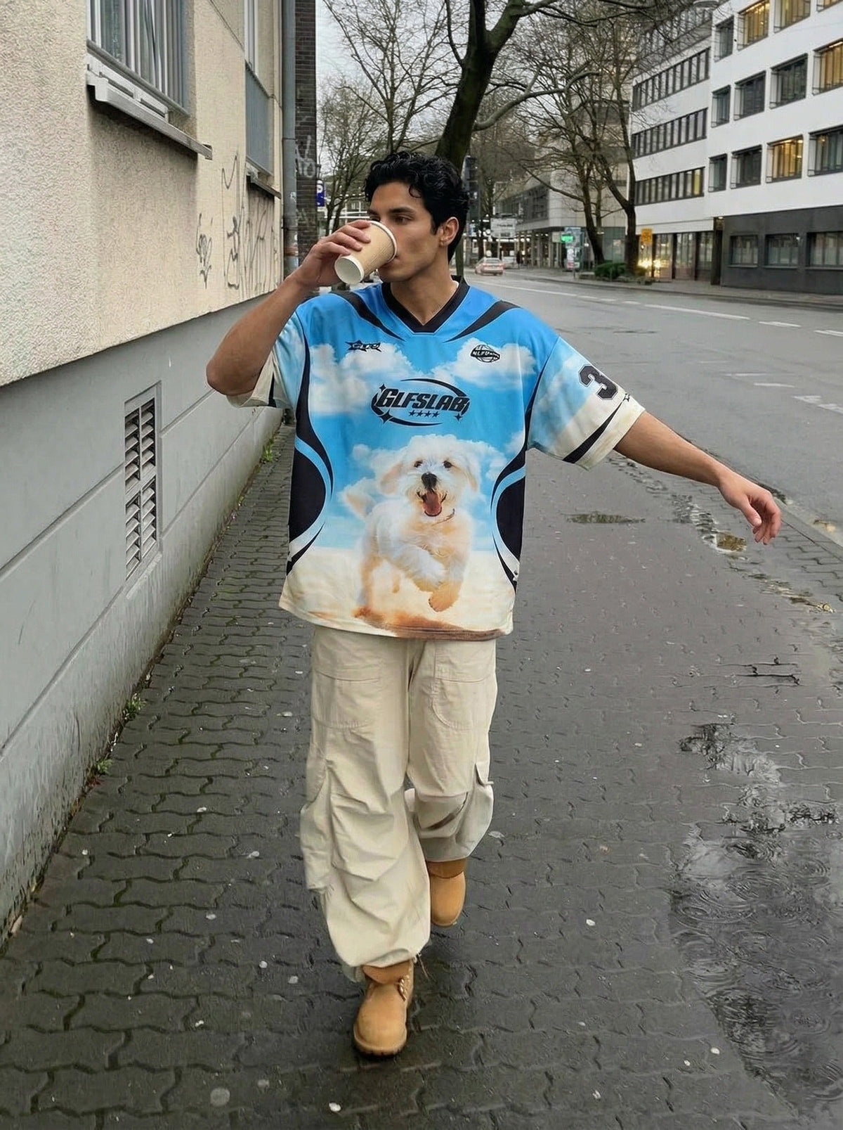 DAXUEN Sky blue short-sleeved graphic t-shirt featuring a dog — model photo