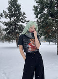 DAXUEN faded black smiling woman graphic t-shirt — model photo