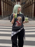DAXUEN faded black smiling woman graphic t-shirt — model photo