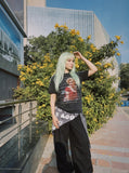 DAXUEN faded black smiling woman graphic t-shirt — model photo