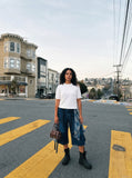 DAXUEN solid black crew neck knit t-shirt — model photo
