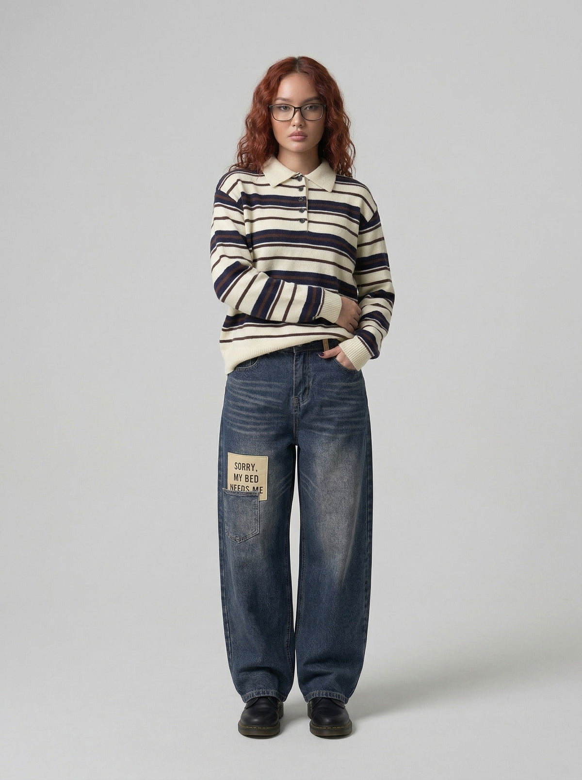 DAXUEN Wide-leg baggy jeans with distressed dark blue denim — model photo