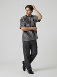 DAXUEN Striped crewneck T-shirt with distressed text print — model photo