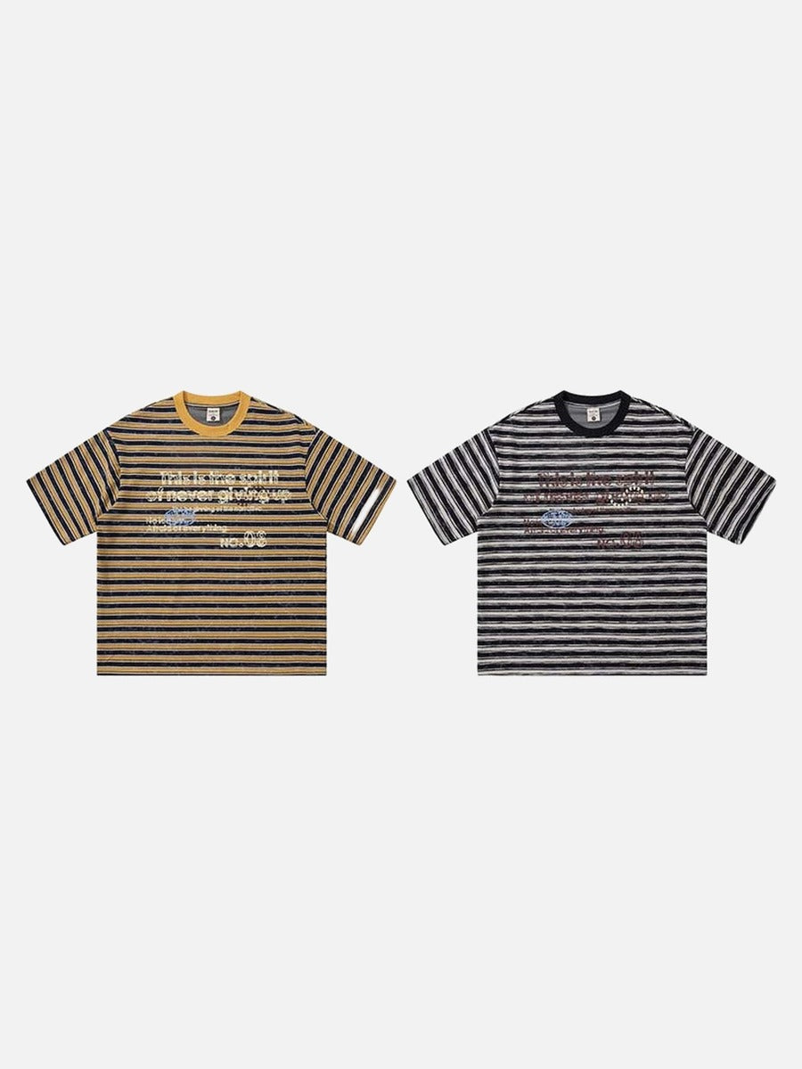 DAXUEN Striped crewneck T-shirt with distressed text print