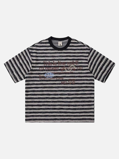 DAXUEN Striped crewneck T-shirt with distressed text print