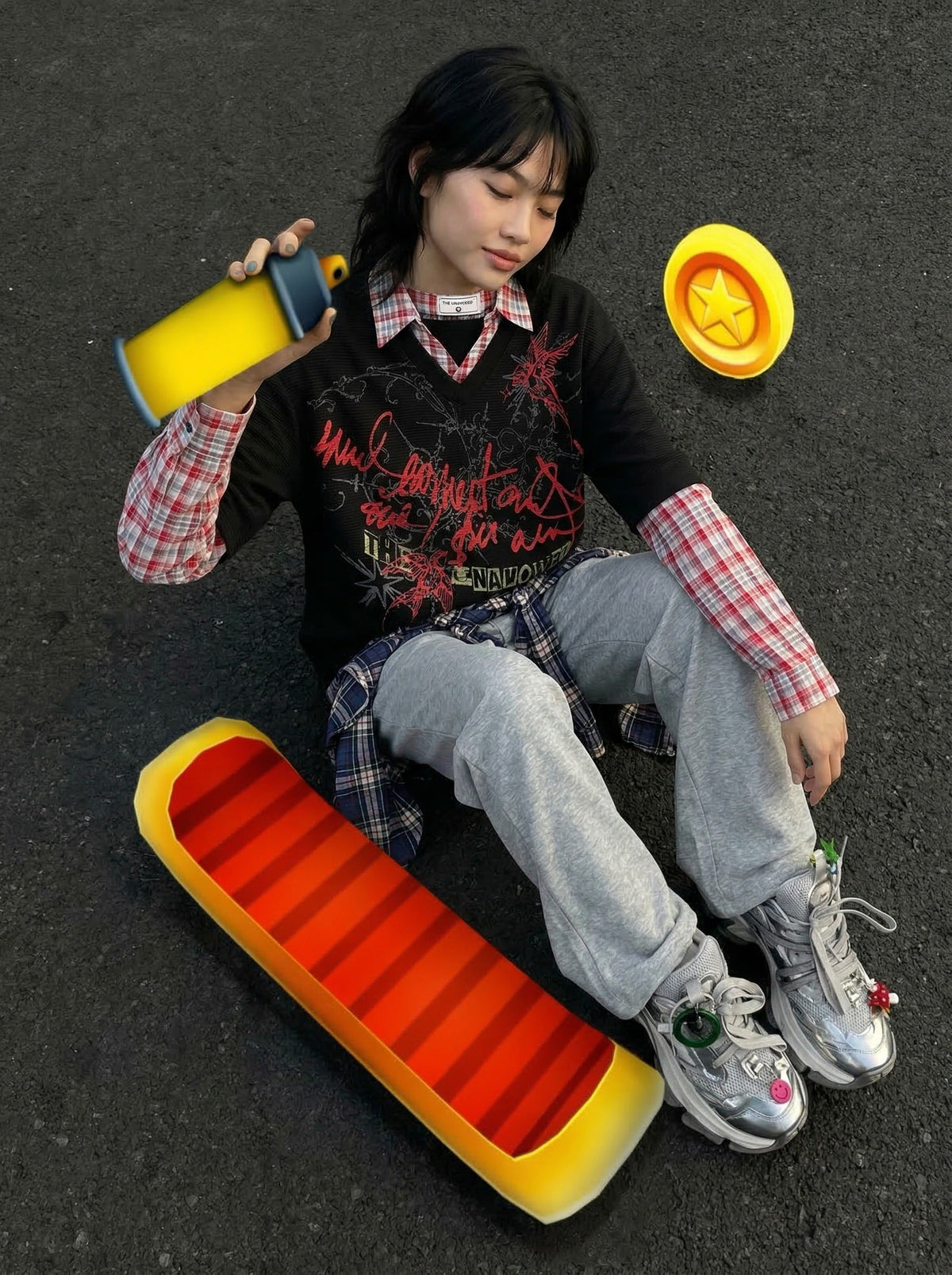 Faux-layered long sleeve plaid top — model photo