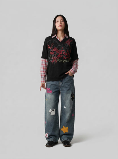 Faux-layered long sleeve plaid top — model photo